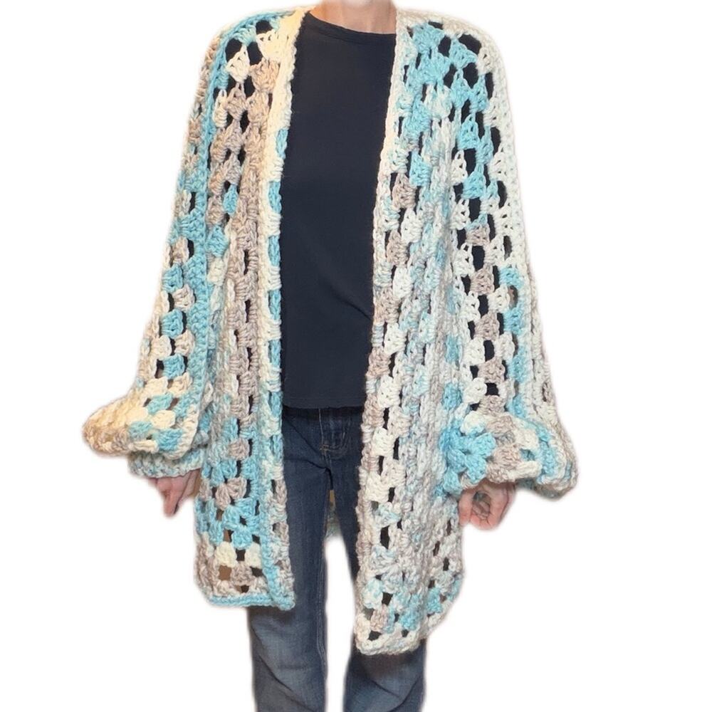 Hexagon granny Square cardigan acrylic handmade blue and white
